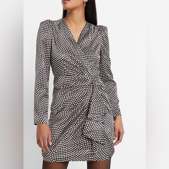 EUC  Express Satin Printed V-Neck Ruched Ruffle Sheath Mini Dress - Picture 5 of 11